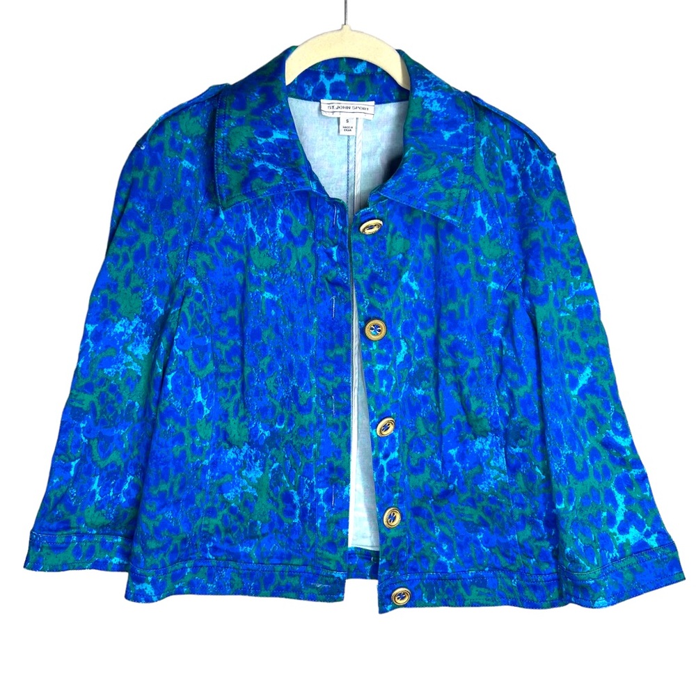 ST. JOHN Sport Leopard Blue Green Denim Jacket Size Small